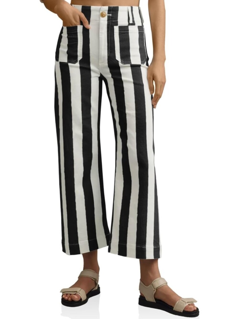 Women's Black Cropped Striped Jeans High Waisted Wide Leg Denim Pants